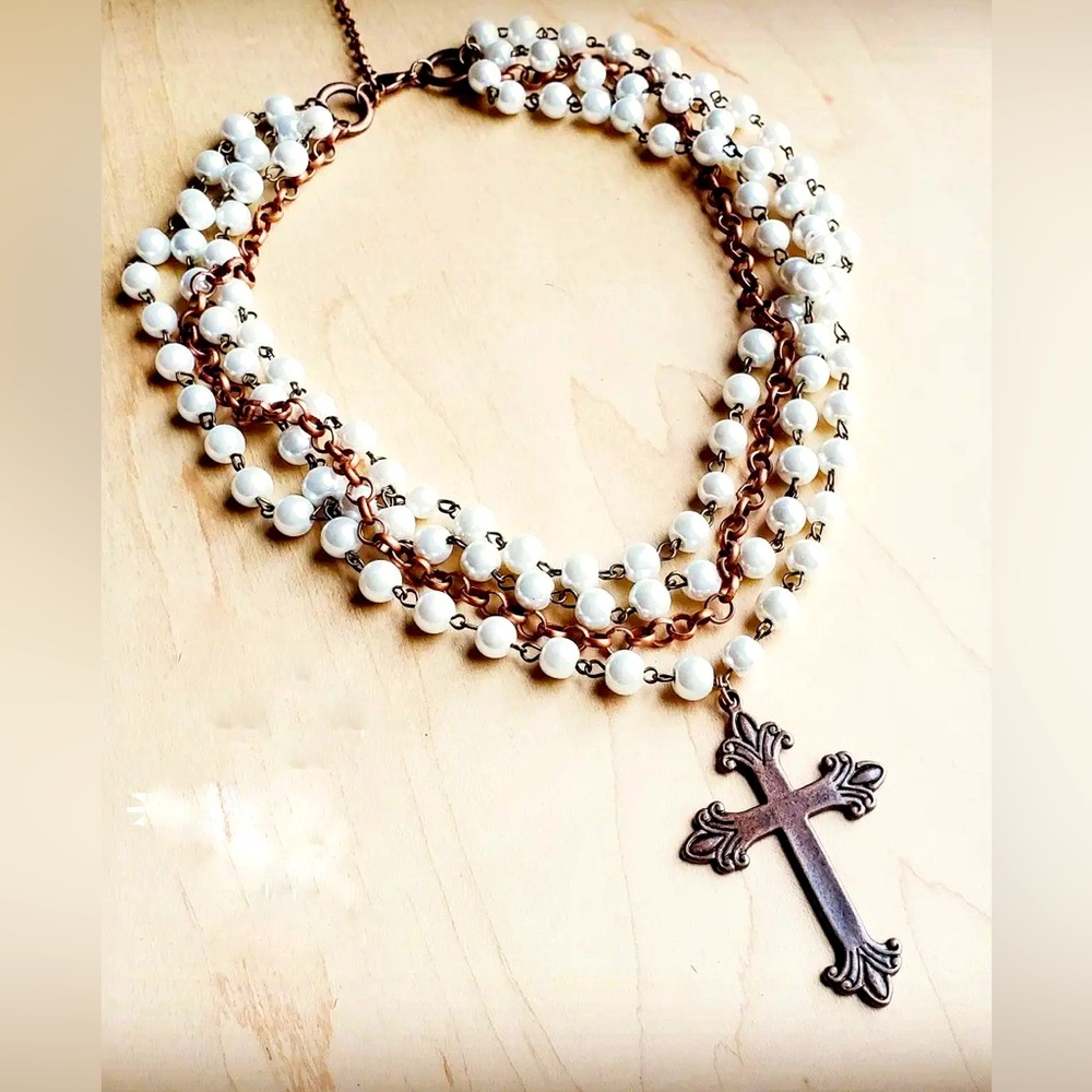 Pearl And copper Necklace W/copper Cross